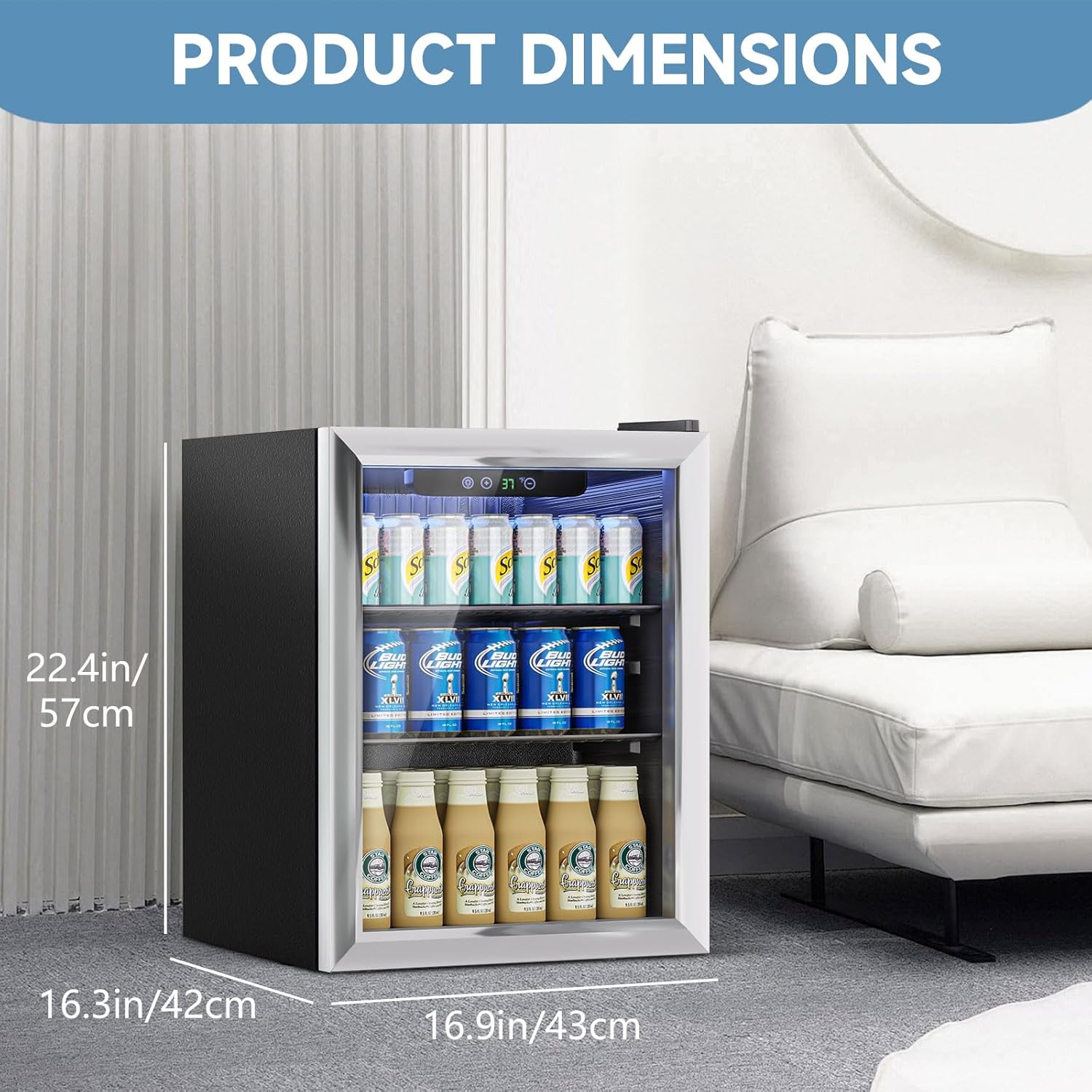1.7 Cu.Ft Mini Fridge for 76 Cans, Beverage Refrigerator with Glass Door and Digital Display, Small Drink Fridge for Soda, Beer, or Wine, Adjustable Shelves, Compact Fridge for Bedroom Office