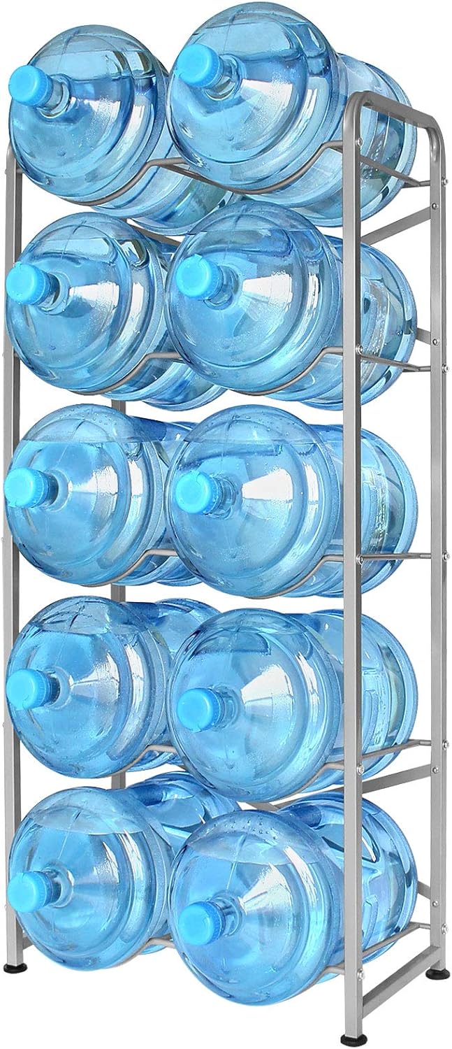 5 Gallon Water Bottle Holder for 10 Bottles, 5 Tiers Heavy-Duty Water Cooler Jug Rack with Reinforcement Frame for Kitchen Office, Silver Grey
