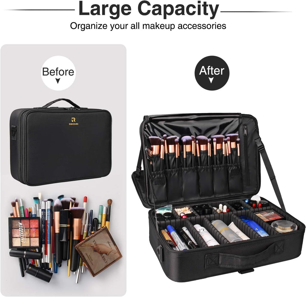 Relavel Makeup Case Large Makeup Bag Professional Train Case 16.5 inches Travel Cosmetic Organizer Brush Holder Waterproof Makeup Artist Storage Box, 3 Layer Large Capacity, with Adjustable Strap