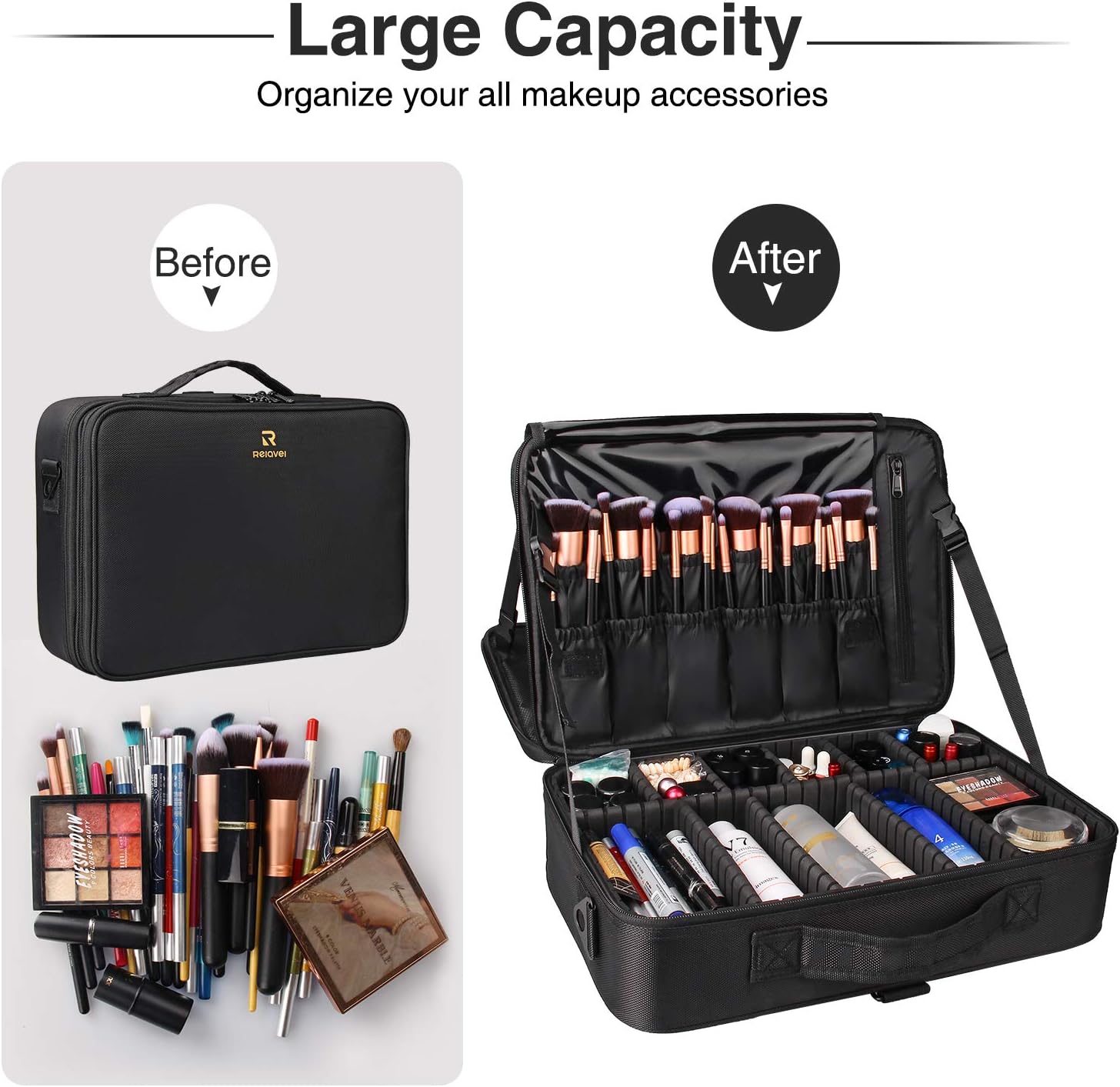 Relavel Makeup Case Large Makeup Bag Professional Train Case 16.5 inches Travel Cosmetic Organizer Brush Holder Waterproof Makeup Artist Storage Box, 3 Layer Large Capacity, with Adjustable Strap