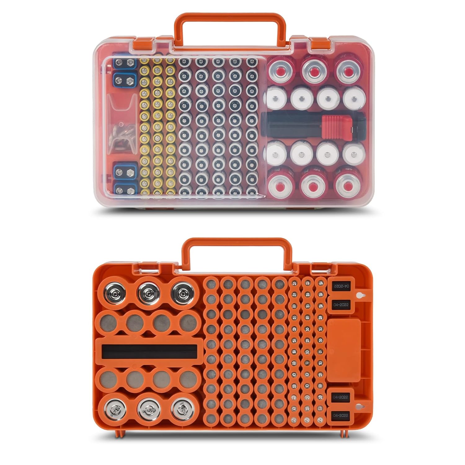 Battery Organizer Storage Case with Tester Checker. Batteries Holder Box Container for 120+ AA AAA 9V C D Lithium CR2025 CR1632 CR2032 Coin Cell Battery with Wall-Mounted Design -Orange