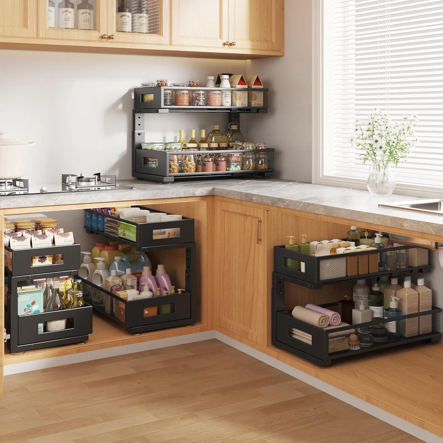 1 Pack 19IN Depth Under Sink Organizer, 2-Tier Pull Out Cabinet Organizer With Smooth Circular Rail, Large Capacity Metal Mesh Sliding Drawers For Bathroom& Kitchen Storage,Height Adjustable-Black