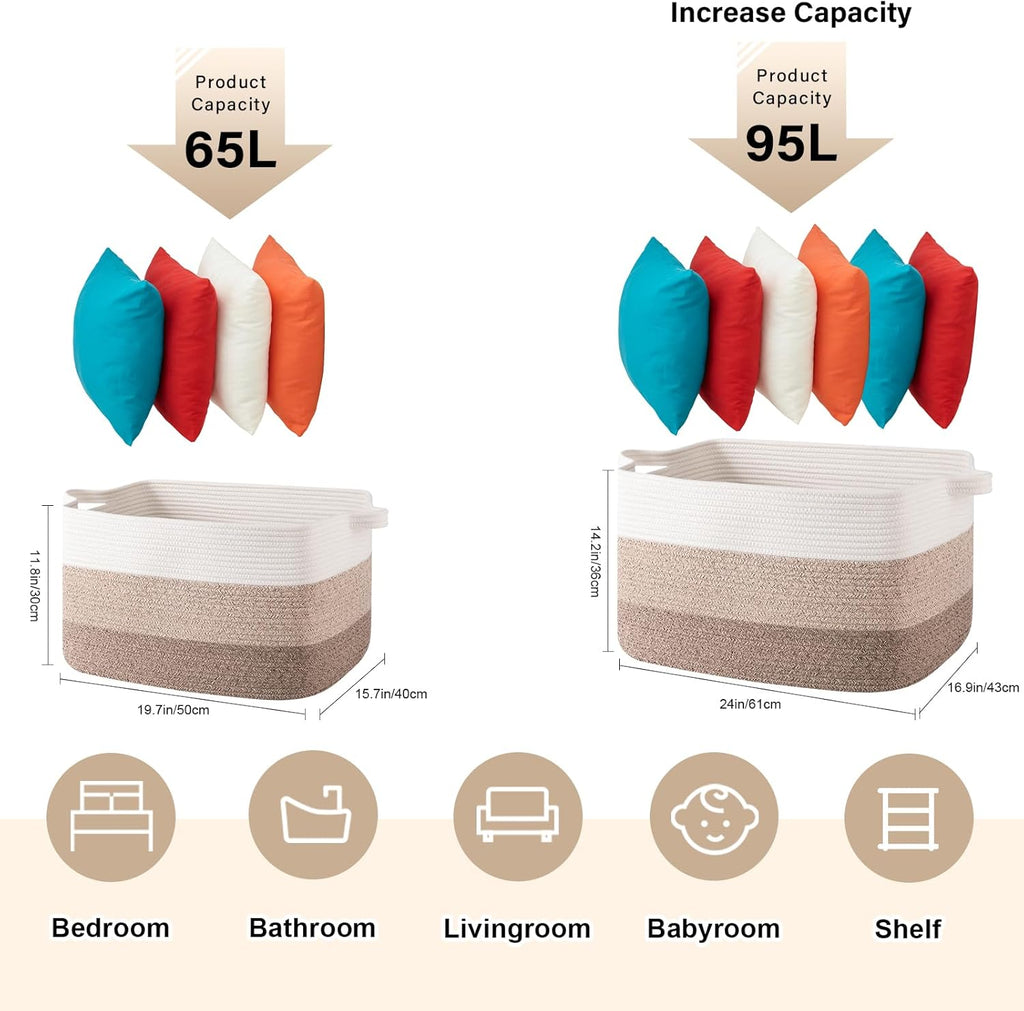 65L Large Storage Basket, Cotton Rope Woven Blanket Basket, Toy Storage for Baby Room, Living Room, Gradient Yellow