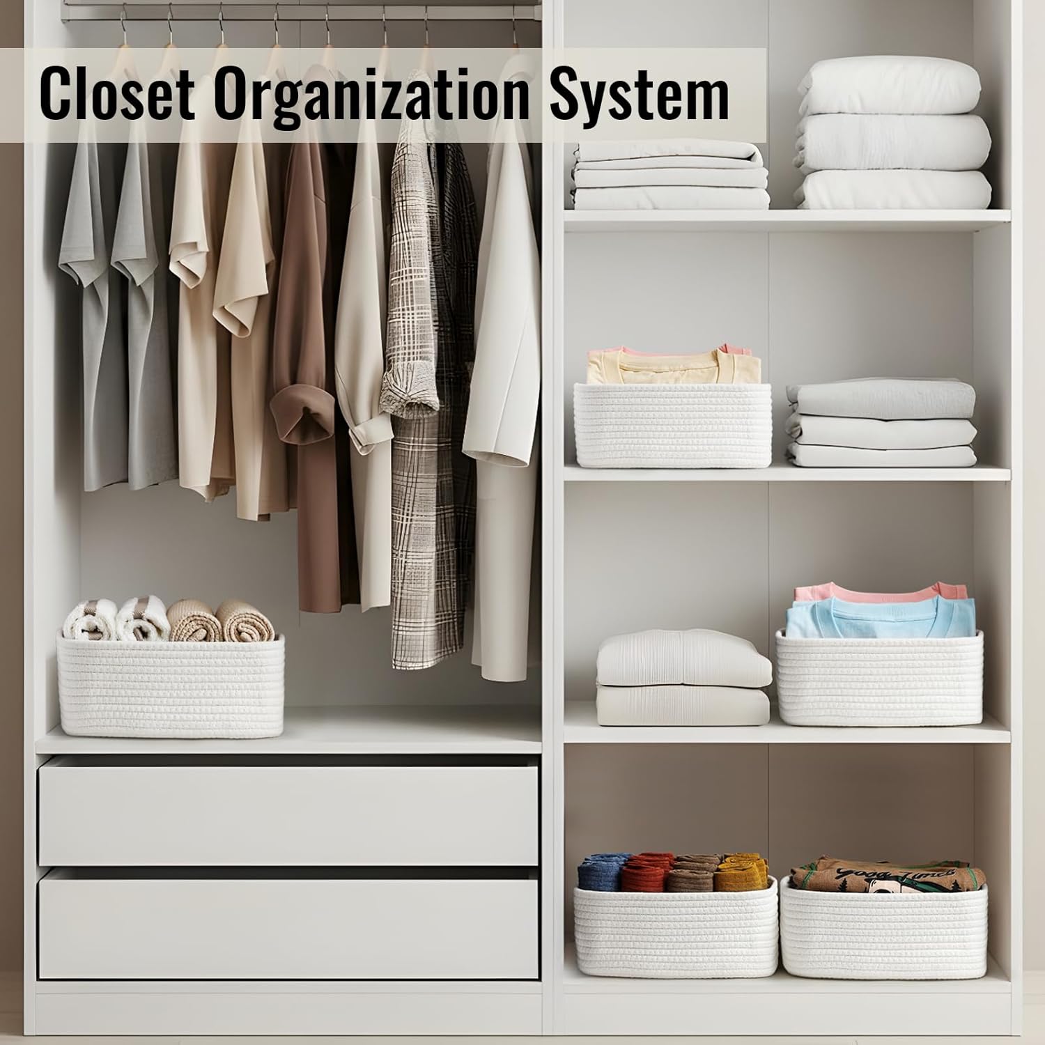 8 Pack Small Storage Baskets for Organizing, Woven Rope Bins for Bathroom, Closet, Shelf Organizer, Cute Cube Decorative Box for Towels, Baby Nursery, Toys, Gift Empty Baskets - 11.5"x7.5"x4.7"-White