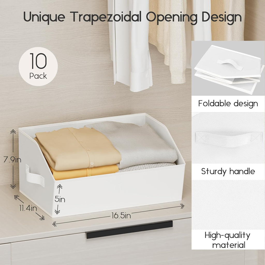 Large Closet Organizers and Storage Bins - 10 Pack Trapezoid Storage Baskets for Shelves, Foldable Fabric Baskets with Handles Ideal for Closet, Basket, Wardrobe and Shelf Storage, White