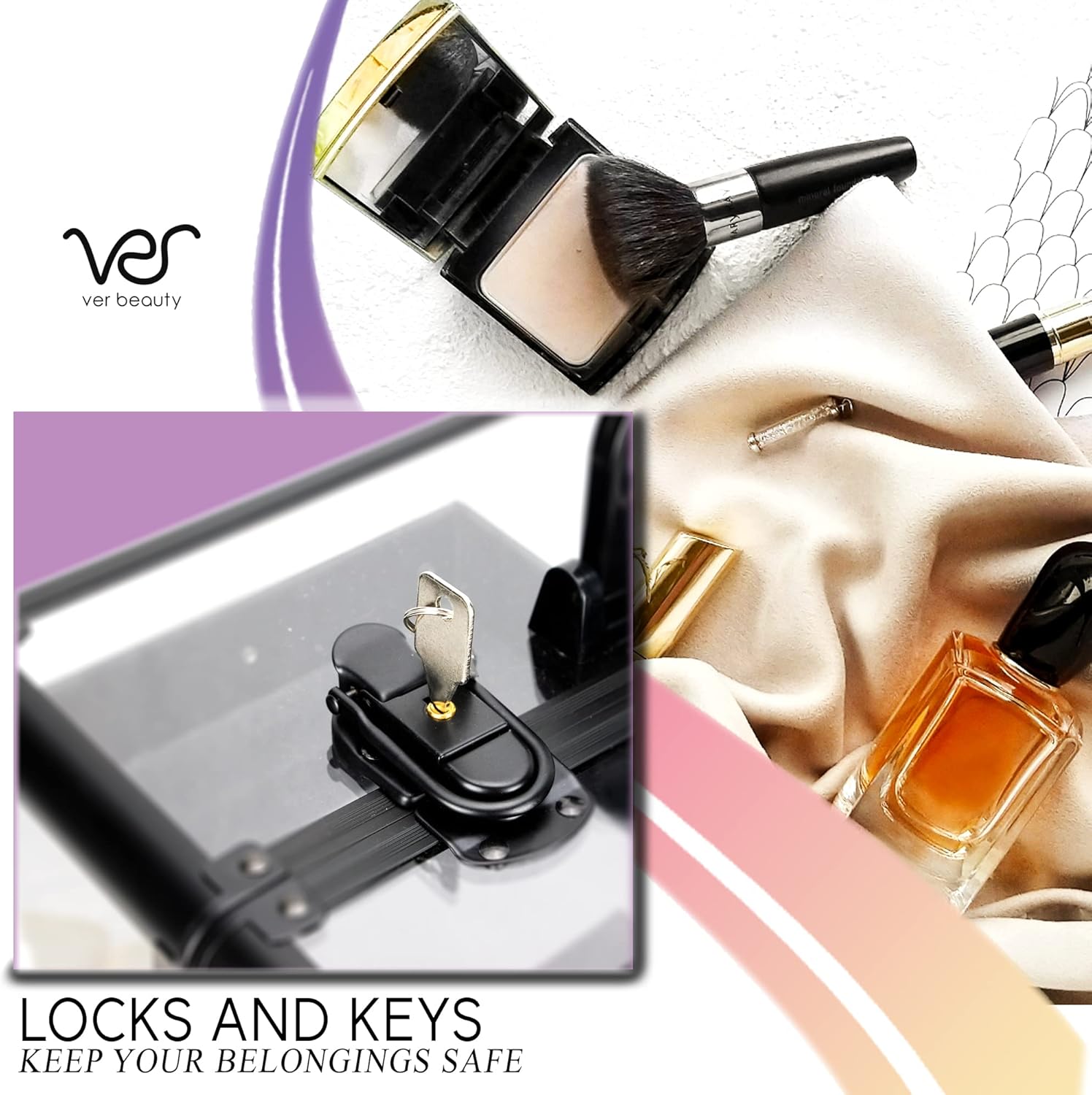 Ver Beauty Makeup Train Case 14 inch Armored Acrylic Large Portable Cosmetic Case 6 Trays Professional Storage Organizer Box Make Up Artist Jewelry Nail Kits Crafts Display Brush Holder- Black