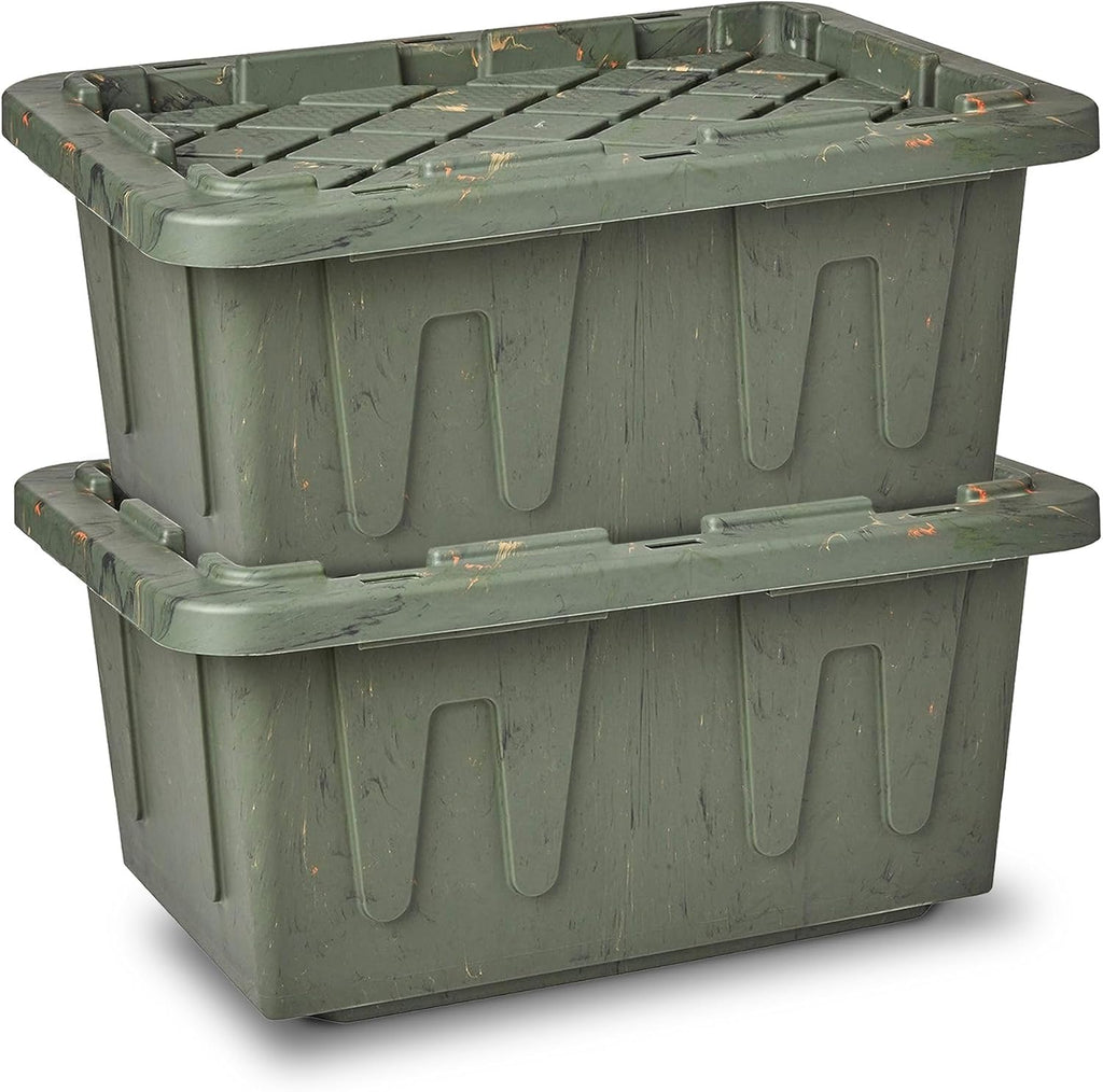 HOMZ 2-Pack Durabilt Tote, Heavy Duty Plastic Storage Bins with Lids, 15 Gallon, Green Camo - Stackable Organizing Containers for Home, Garage, and Office