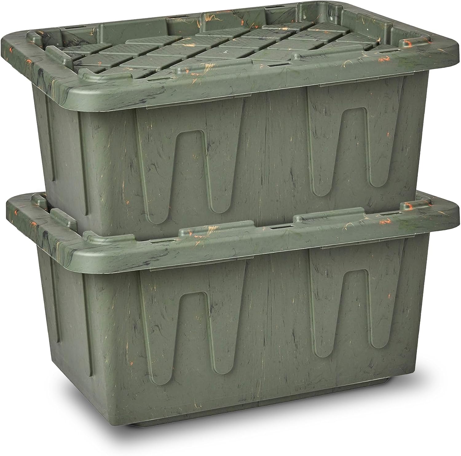 HOMZ 2-Pack Durabilt Tote, Heavy Duty Plastic Storage Bins with Lids, 15 Gallon, Green Camo - Stackable Organizing Containers for Home, Garage, and Office
