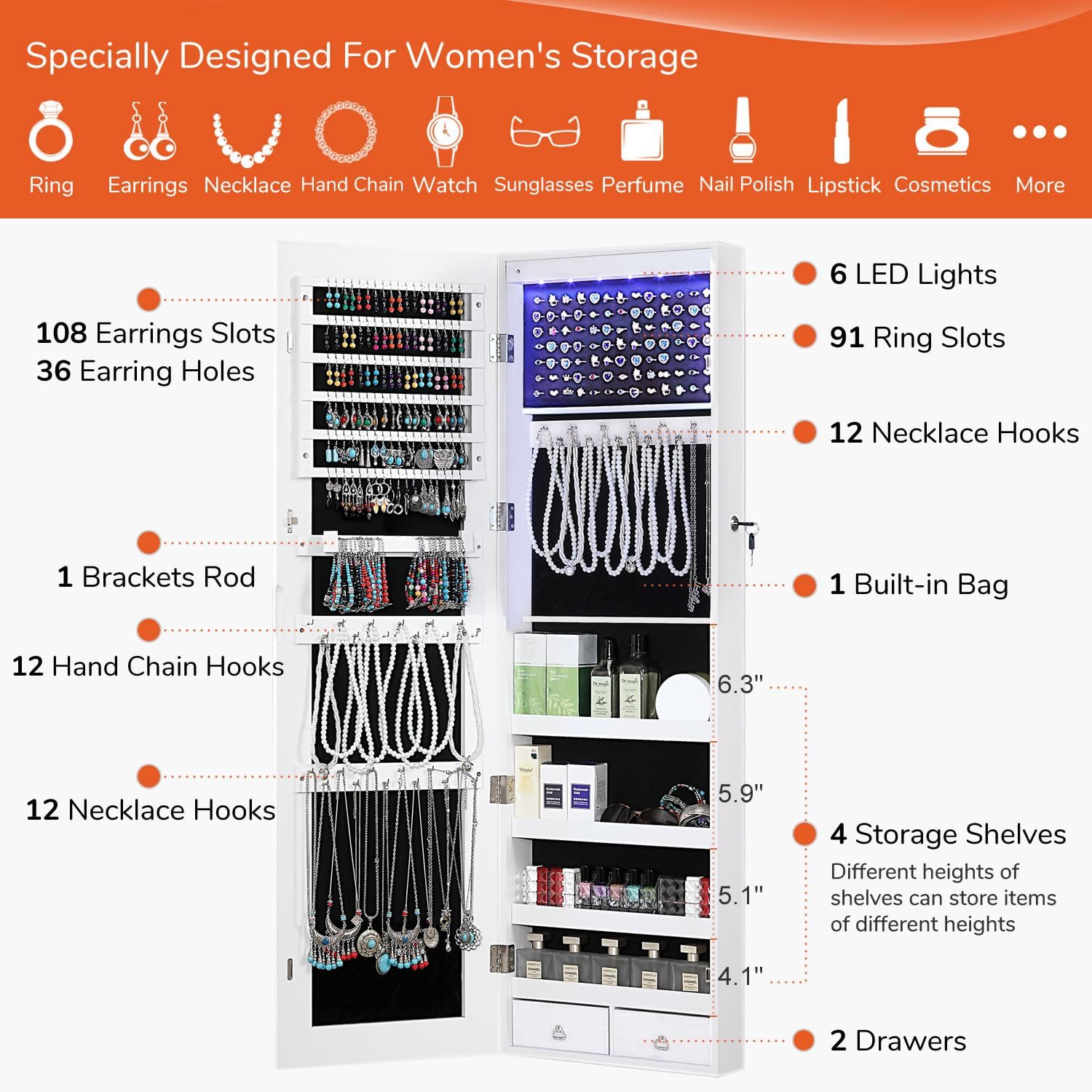 GISSAR Full Length Mirror Jewelry Cabinet, 6 LEDs Jewelry Armoire Wall Mounted Over The Door Hanging, Jewelry Organizer Storage with Lights Lockable, Bright White, 14.6" x 47.2"