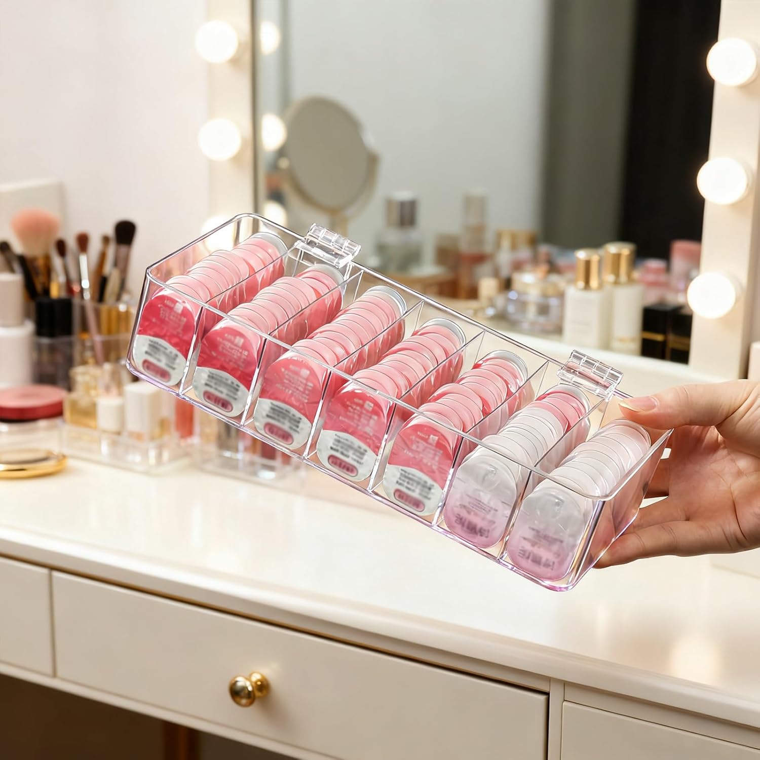 Clear Acrylic Makeup Organizers, 7-Section Bathroom Organizer for Drawer, Cosmetic Display Cases with Lid, Blushes Highlighters Eyeshadow Powder Makeup Organizer Holder Storage