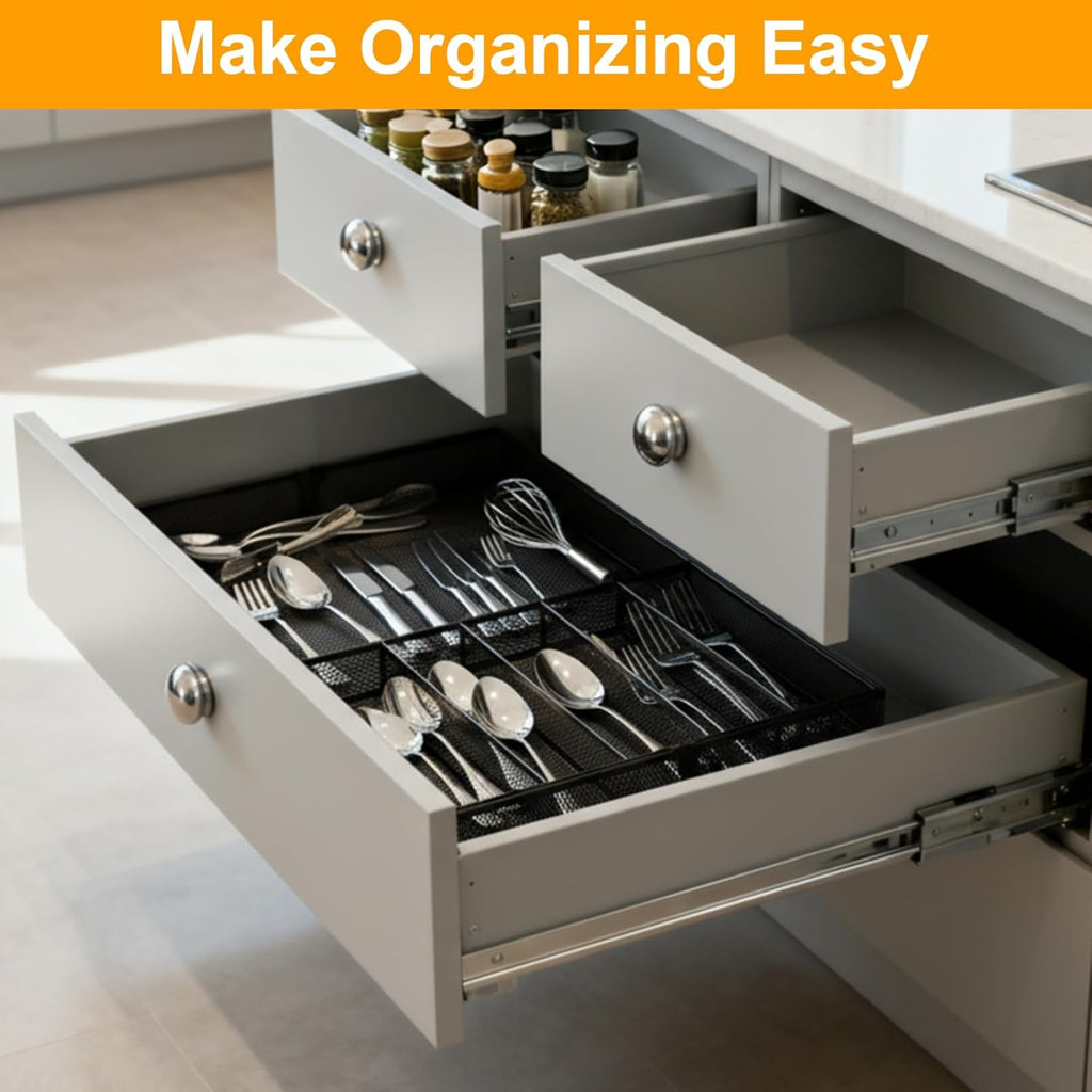 1 Pcs Utensil Drawer Silverware Organizer, Metal Mesh Expandable 13" ~24" Kitchen Drawer Organizer, 7-9 Slots Cutlery Tray Dividers for Kitchen Flatware Christmas Housewarming Gift (Black)