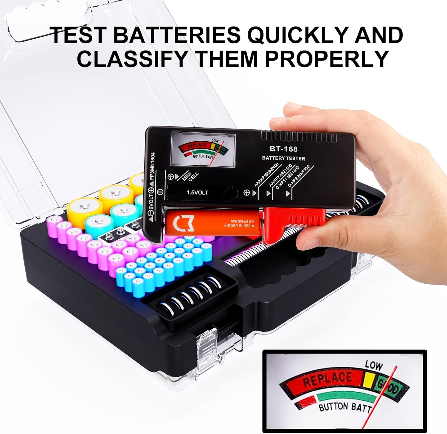Battery Organizer Storage Case with Tester, Ultra-Large 265+ Double-Sided Batteries Container with Handle, Holds AA AAA 4A 23A C D Cell 3V 9V Lithium CR3 4LR44 CR123A 18650 (Black)