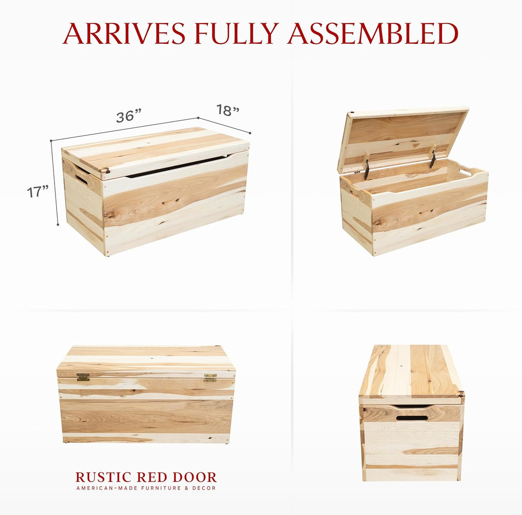 Amish Made Wooden Storage Chest Trunk Box with Lid and Handles for Bedroolanket, Clothes, Anti-Slam Hinges, Handmade, Rustic Hickory Wood, Natural Stain, 36"