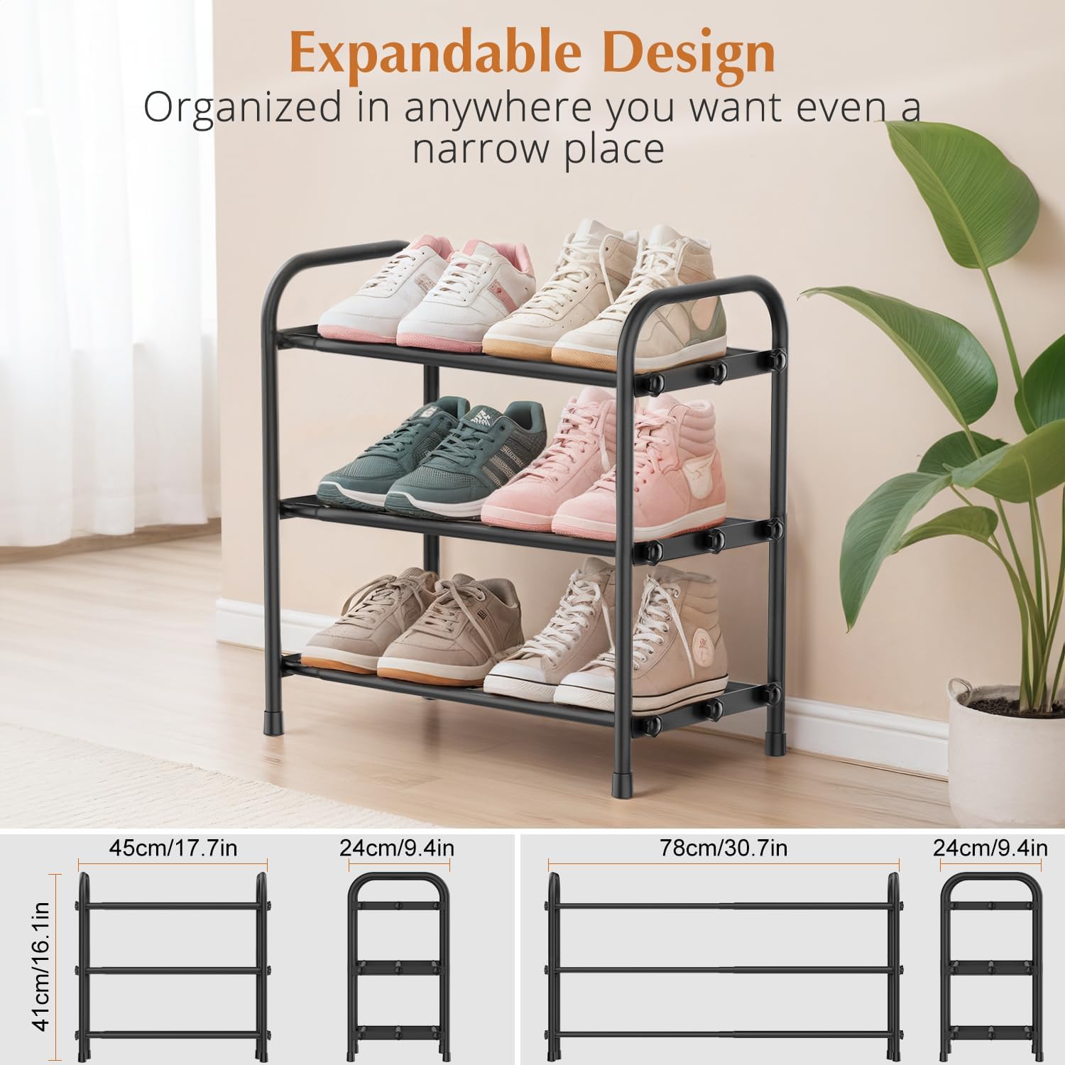 INSMART 3-Tier Expandable Shoe Rack, Stackable and Adjustable Shoes Organizer Storage Shelf, Sturdy and Durable Metal Structure Free Standing Shoe Rack for Closet Entryway Doorway