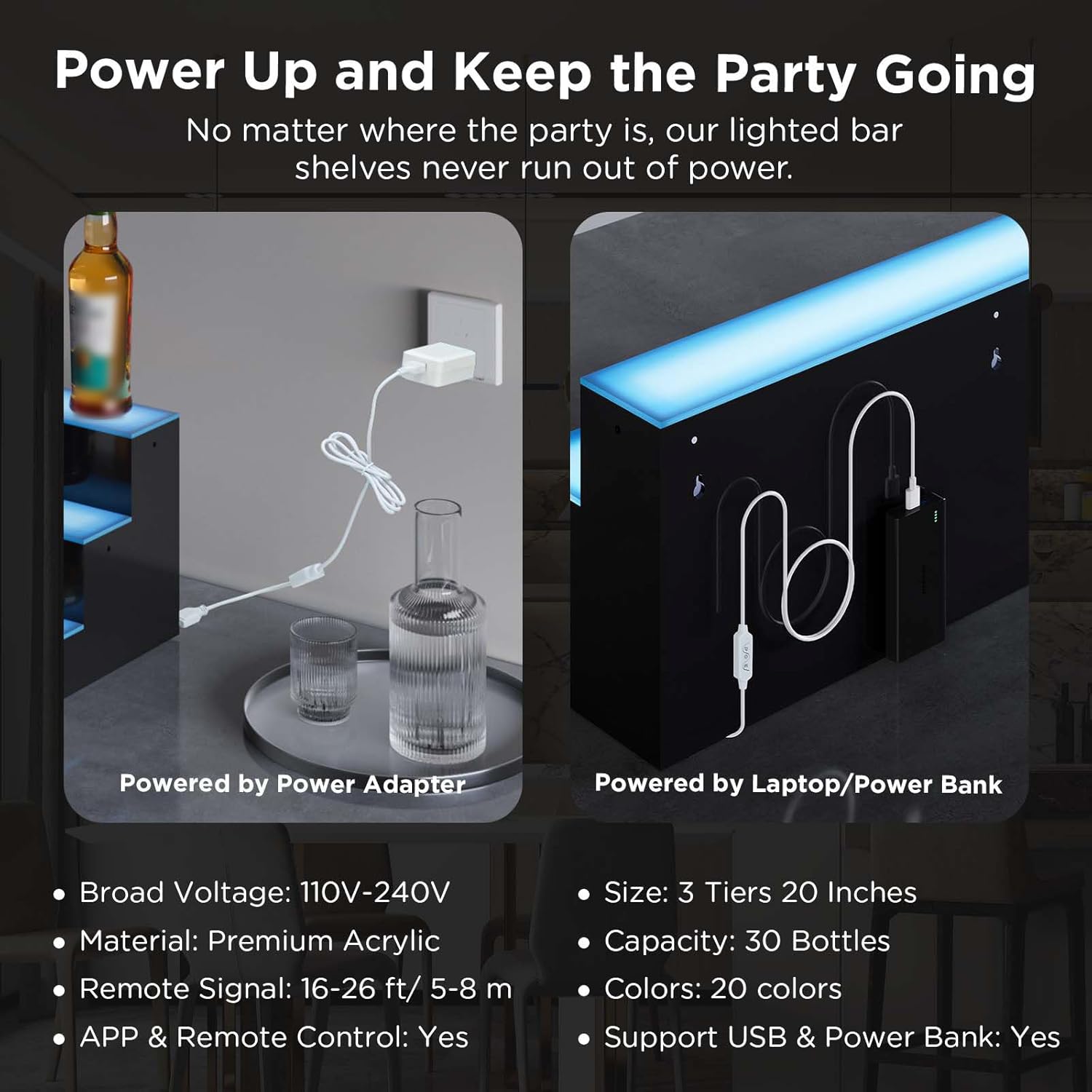 Dethan 4 Tier 16 Inch LED Lighted Liquor Bottle Display Shelf - Illuminated Wine Racks with Multi-Color App & Remote Control, Adjustable Brightness & Sound Modes, Acrylic Bar Shelves for Club Displays