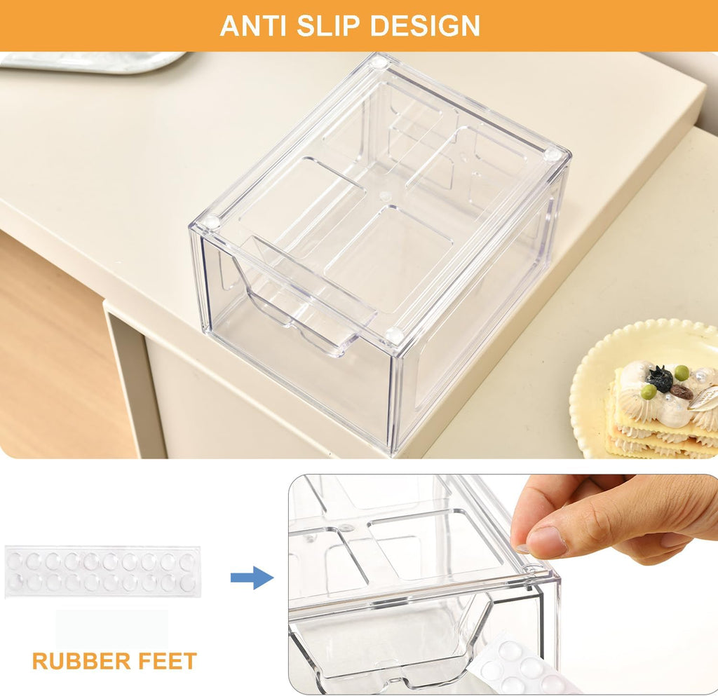 Stackable Makeup Organizer Storage Drawers Set of 6, Clear Plastic Organizer Bins for Beauty Supplies,Ideal for Vanity, Bathroom,Cabinet,Pantry Organization (2Long 4 Short)