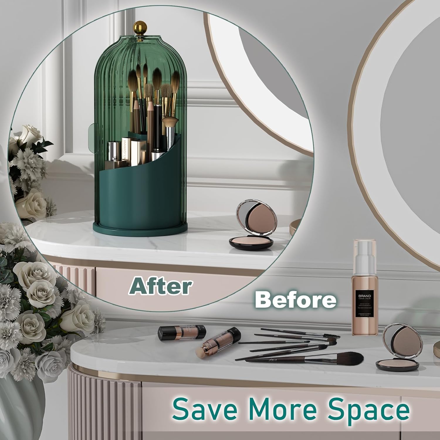 GAXmi Makeup Brush Holder with Lid Cosmetic Tools Organizer 360 Rotating Waterproof Dustproof Beauty Brushes Storage for Vanity, All Green