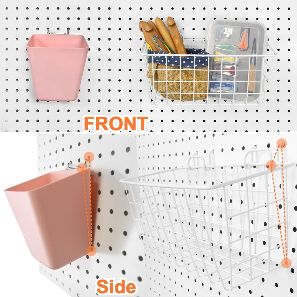 Pegboard Basket Organizers, Peg Board Large Baskets Hooks Bins Cups Tool Organizer 6 Pack Set, Wall Storage Display Hanging Accessories for Craft Office Stadio Shed Garage Organization (White & Pink)