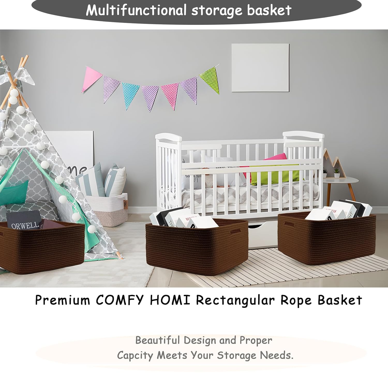 COMFY-HOMI 2 pcs Large Storage Baskets for Shelves, Laundry Basket, Woven Rope Basket, Closet Organizer Bins for Clothes Blanket Towels, Baby Nursery, Gift Toy Baskets, 17” x 13” x 7.5”-Dark Brown