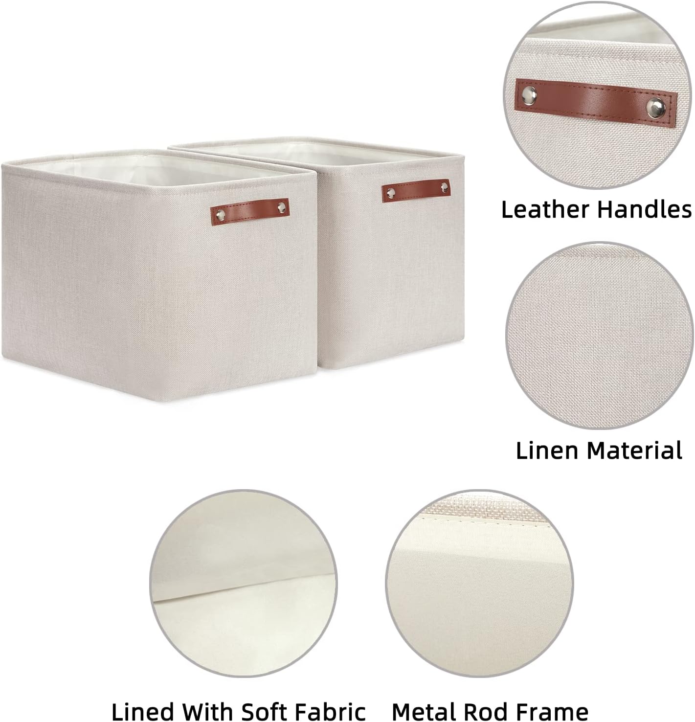 HNZIGE Large Canvas Baskets 16"×11.8"×11.8" Decorative Storage Bins with Leather Handles (2 Pack) Collapsible Rectangle Storage Baskets for Organizing Clothes, Toy, Books, Sundries, Tools(Cream)