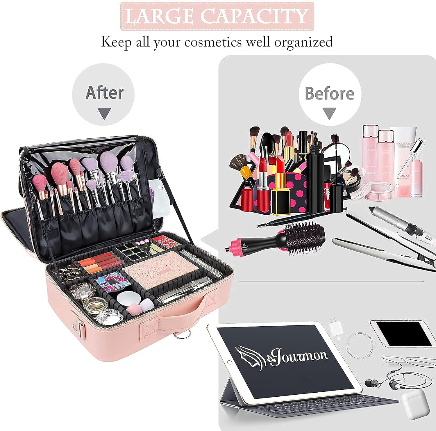 JOURMON Travel Makeup Train Case,Large Capacity Cosmetic Bags for Women,Portable Makeup Bag Organizer with Adjustable Dividers & Shoulder Strap(Pink, L)