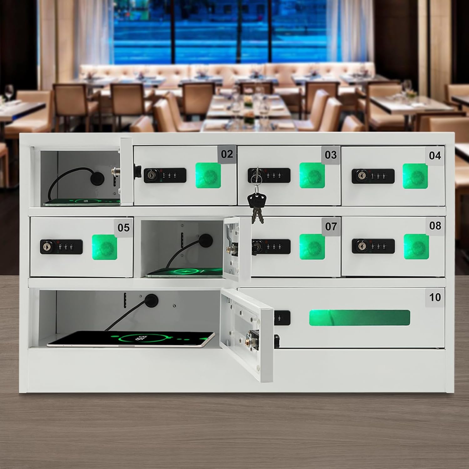 10 Slots Cell Phone Charging Station, Fast Charge Mobile Phone Locker Cabinet with Acrylic Window and 3-in-1 Cable, Combination Lock iPad mini Storage for Office, Classroom (10-Slot)