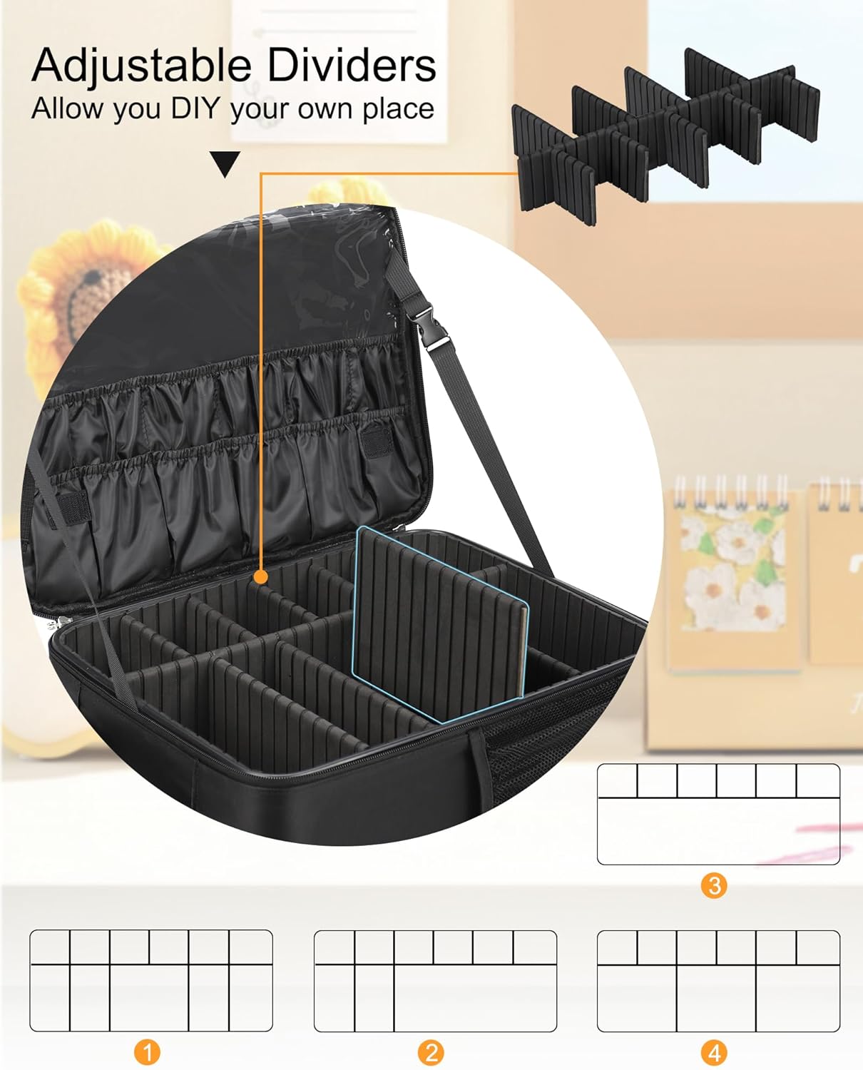 Relavel Professional Makeup Case Makeup Backpack and Clear Makeup Brush Case for Makeup Artists, Durable Water-resistant Material, with Shoulder Strap and Adjustable Dividers Black