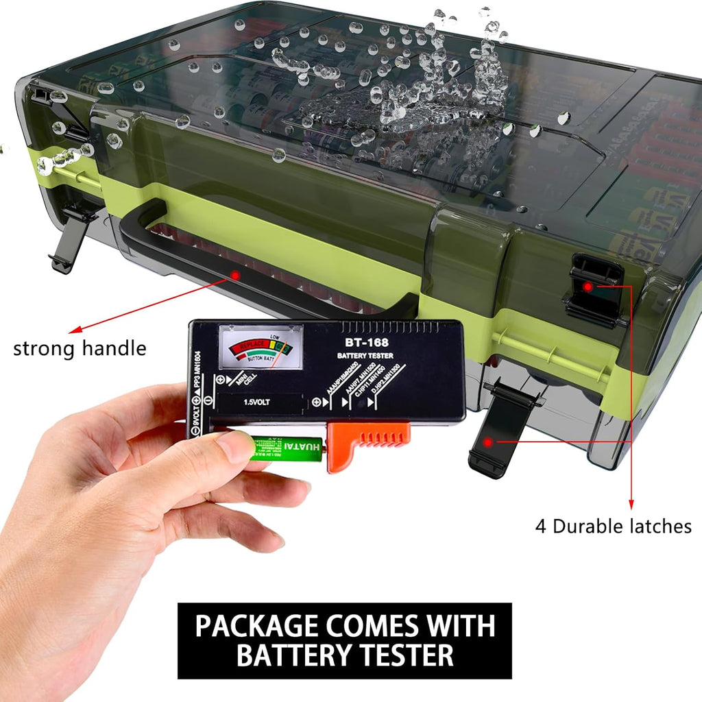 ALCYON Large Capacity 269 Battery Organizer Storage Case with Tester, Double-Side Battery Holder Container for AA AAA AAAA C D 9V Lithium 3V CR123 CR1632 18650 Batteries(Box Only) (Lighting Green)