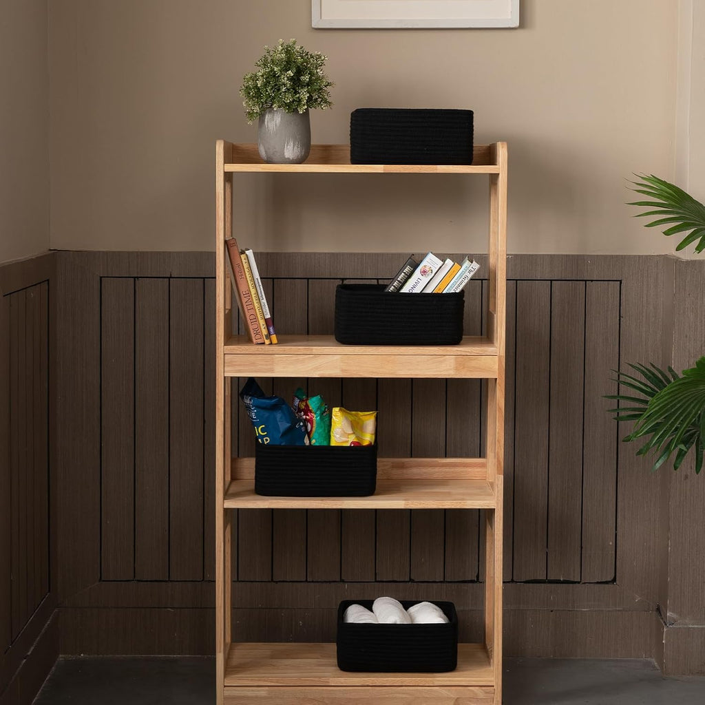 4 Pack Small Storage Shelf Baskets for Organizing, Mini Woven Rope Storage Bins for Towels, Cute Decorative Closet Organizer，Baby Nursery, Gift Empty Baskets -11.81''Lx7.87''Wx4.72''H-Black