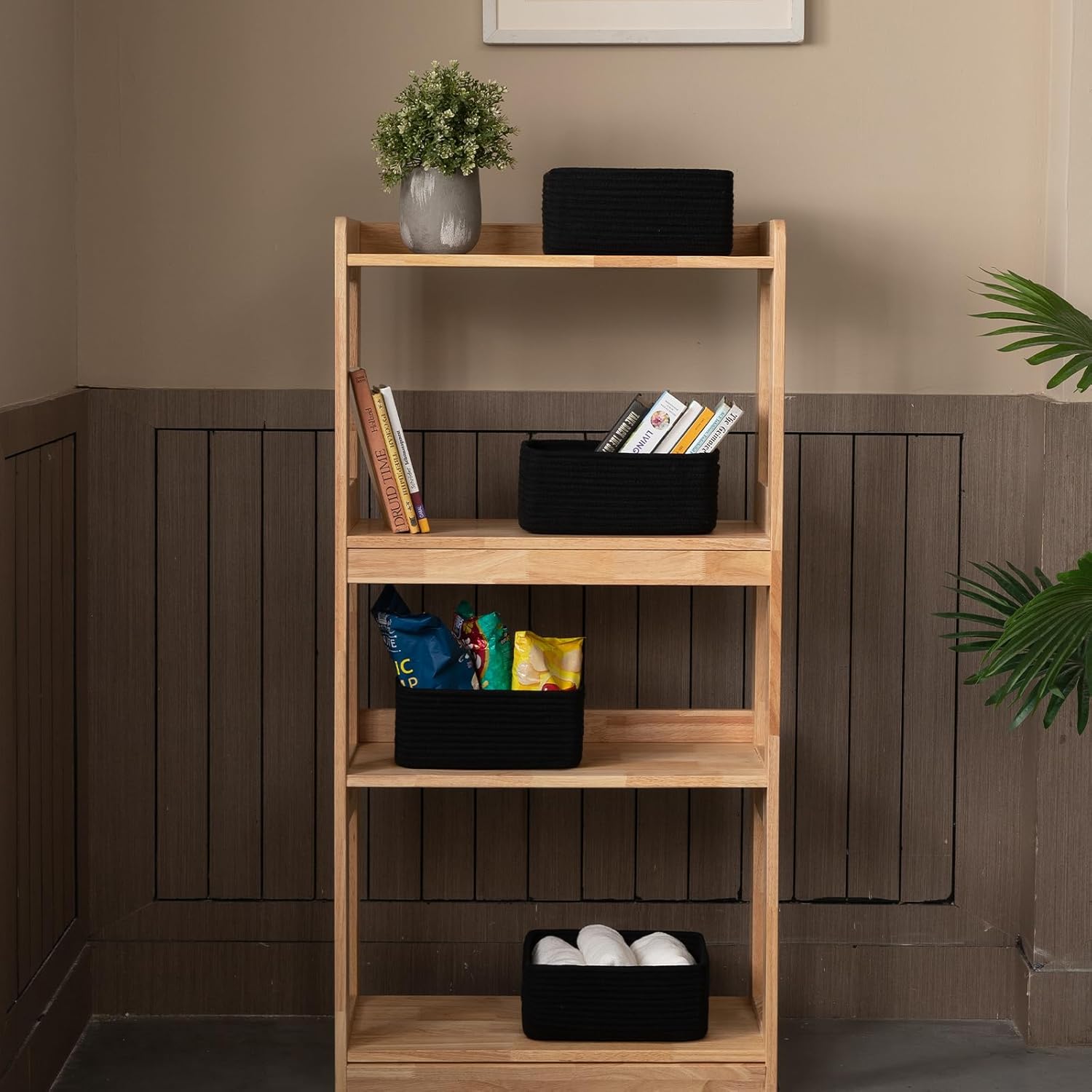 4 Pack Small Storage Shelf Baskets for Organizing, Mini Woven Rope Storage Bins for Towels, Cute Decorative Closet Organizer，Baby Nursery, Gift Empty Baskets -11.81''Lx7.87''Wx4.72''H-Black