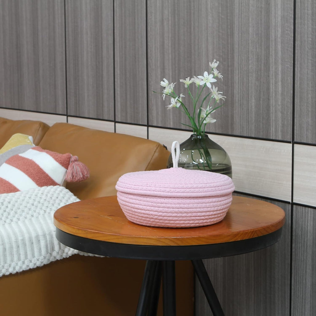 Sea Team Round Cotton Rope Storage Basket with Lid, Decorative Woven Storage Bin, Pot, Caddy, Organizer, Container for Snacks, Towels, Plants, 10 x 4.5 Inches (Small, Shallow, Pink)