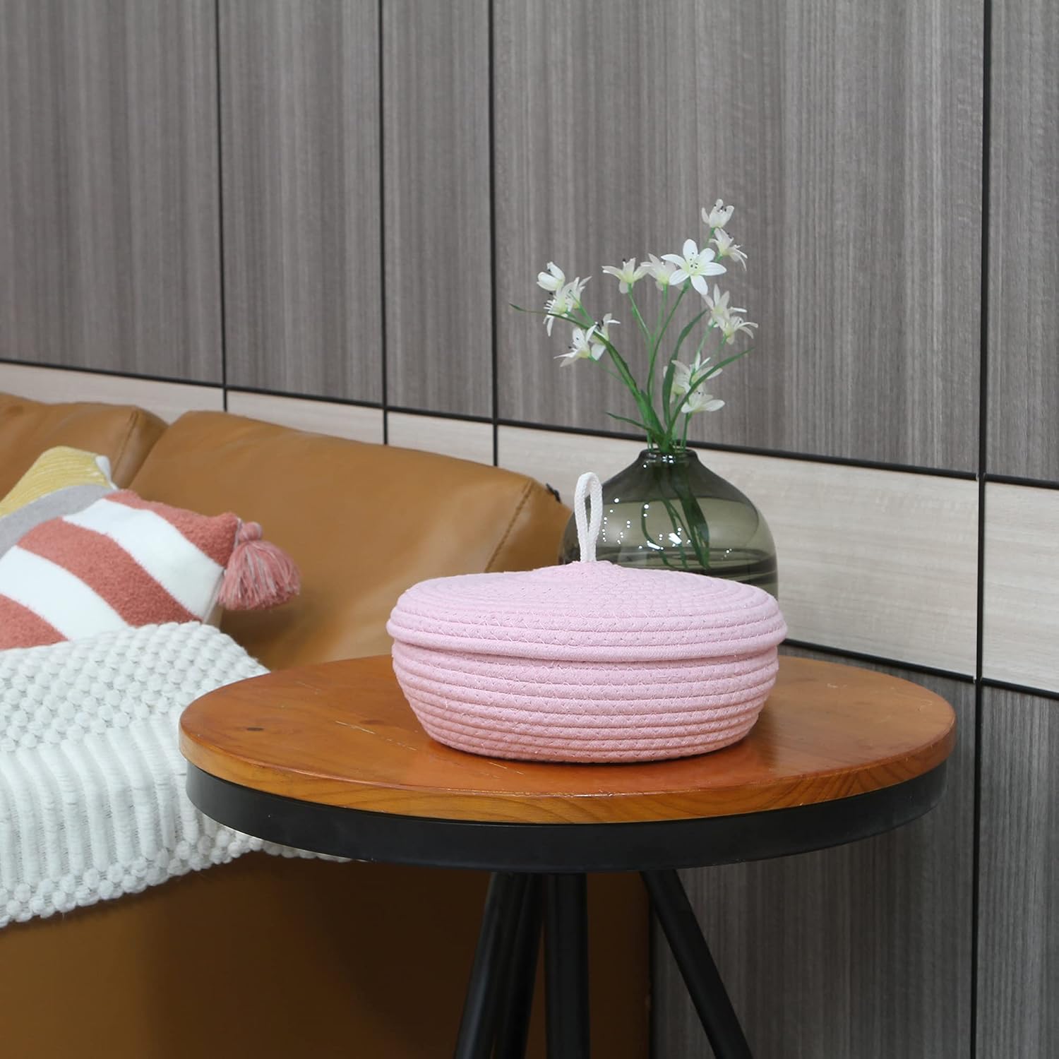 Sea Team Round Cotton Rope Storage Basket with Lid, Decorative Woven Storage Bin, Pot, Caddy, Organizer, Container for Snacks, Towels, Plants, 10 x 4.5 Inches (Small, Shallow, Pink)