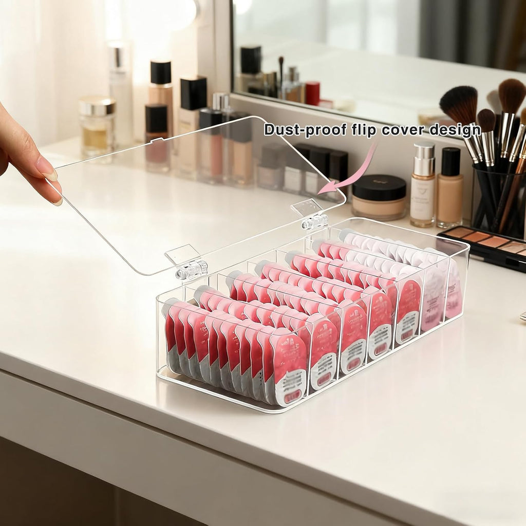 Clear Acrylic Makeup Organizers, 7-Section Bathroom Organizer for Drawer, Cosmetic Display Cases with Lid, Blushes Highlighters Eyeshadow Powder Makeup Organizer Holder Storage