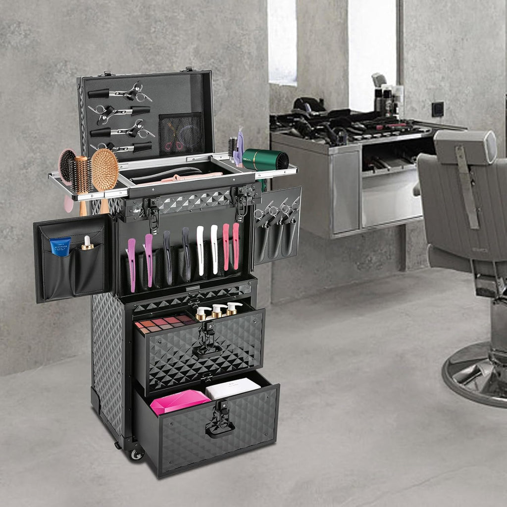 Cosmetic Train Case,Makeup Organizer Travel Case with Multiple Compartments,Rolling Makeup Case,Professional Makeup Casewith Wheels for Make-up Artists,33.07Lbs Load-Bearing