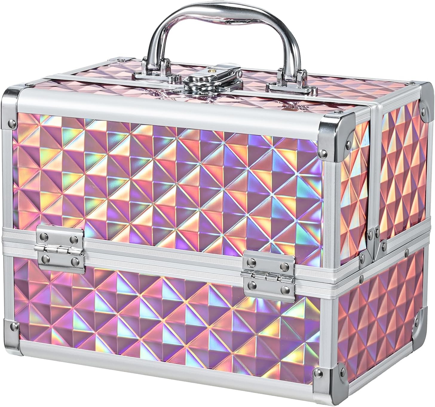 Makeup Case with Lighted Mirror Travel Makeup Organizer Box 2 Trays Lockable Cosmetic Train Case with Movable LED Mirror for Girls Make Up Nail Kits Sewing Vanity Storage Case Shiny Pink