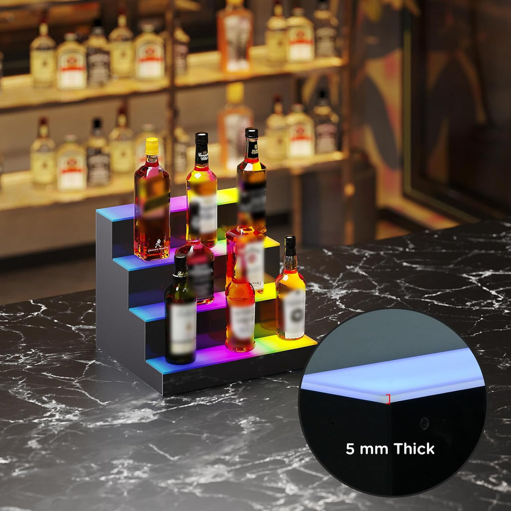 Dethan 4 Tier 16 Inch LED Lighted Liquor Bottle Display Shelf - Illuminated Wine Racks with Multi-Color App & Remote Control, Adjustable Brightness & Sound Modes, Acrylic Bar Shelves for Club Displays