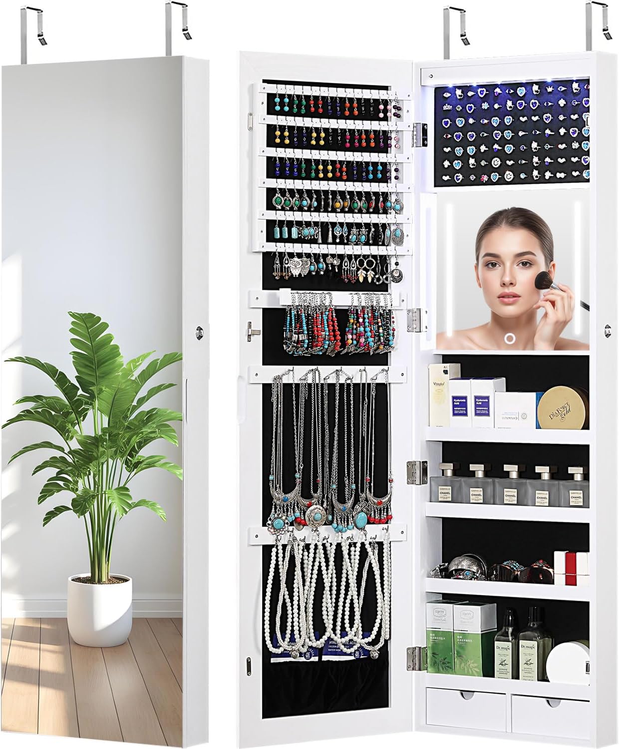 GISSAR Mirror Jewelry Cabinet, LED Wall Door Mount Full Length Jewelry Armoire with Makeup Mirror and Jewelry Storage, Large Capacity Lockable Jewelry Organizer, Vanity Mirror with Lights, White