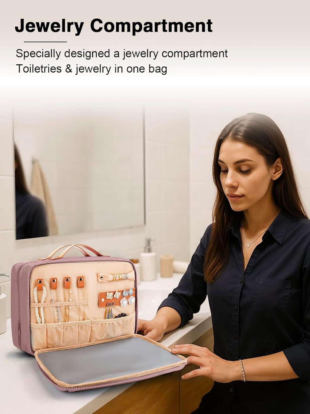 Women's Hanging Toiletry Bag, Waterproof Travel Cosmetic Organizer with Jewelry Storage, Large Capacity Makeup Case for Full-Size Skincare & Bathroom Essentials, Portable Cosmetic kit, Dark Purple