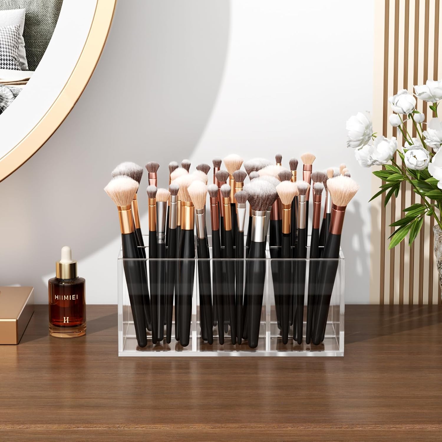 HIIMIEI Clear Makeup Brush Holder Organizer Acrylic 6-Slots Cosmetic Brushes Storage Organizer for Vanity Countertop