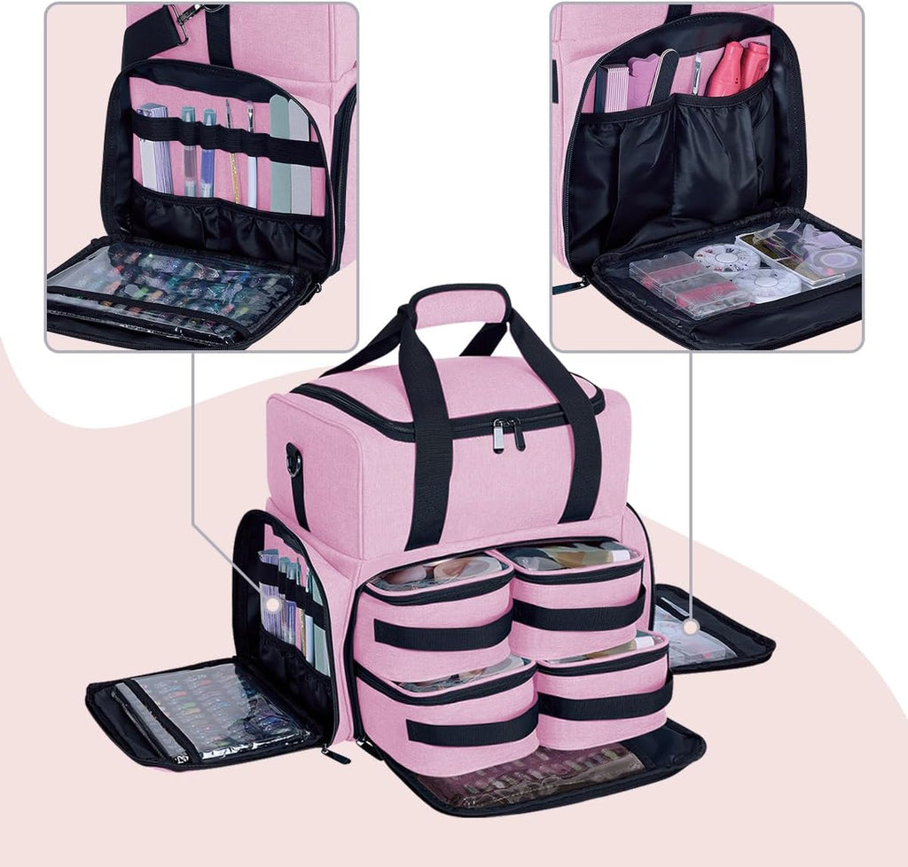 Large Cosmetic Bag with 4 Removable Case and 2 Removable Dividers Double Layer Travel Storage Organizer, Makeup Brushes Storage Section Pink