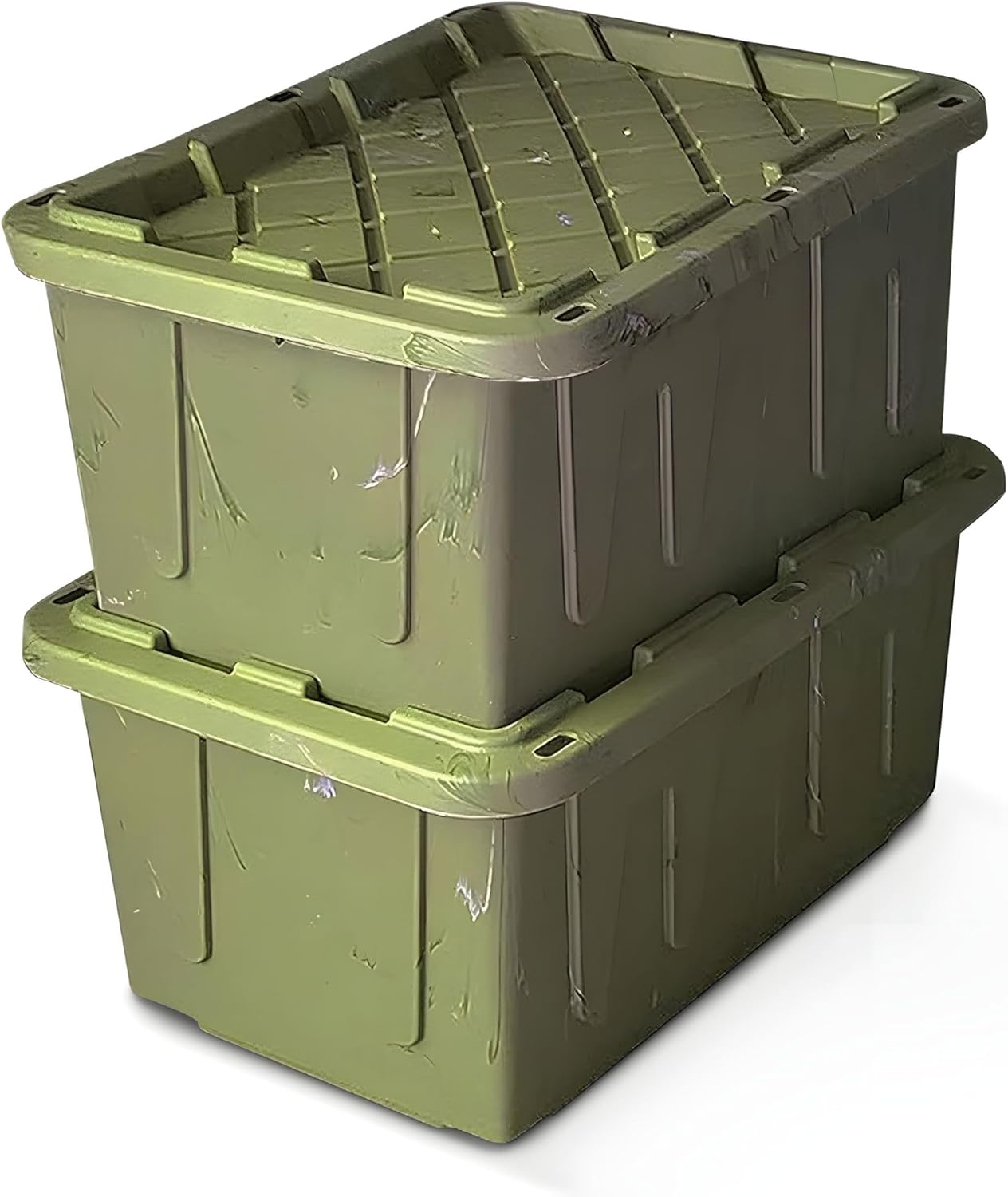 HOMZ 2-Pack Durabilt Tote, Heavy Duty Plastic Storage Bins with Lids, 27 Gallon, Green Camo - Stackable Organizing Containers for Home, Garage, and Office