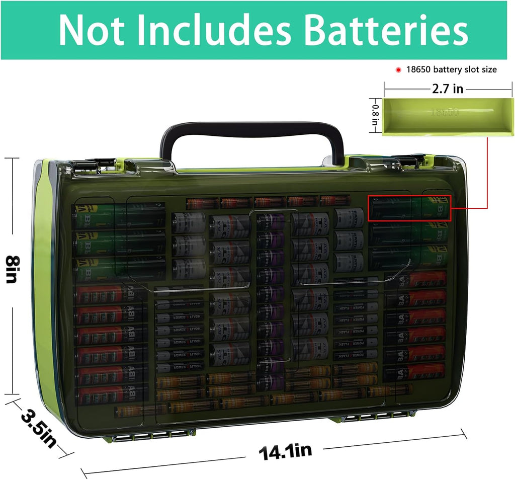 ALCYON Large Capacity 269 Battery Organizer Storage Case with Tester, Double-Side Battery Holder Container for AA AAA AAAA C D 9V Lithium 3V CR123 CR1632 18650 Batteries(Box Only) (Lighting Green)