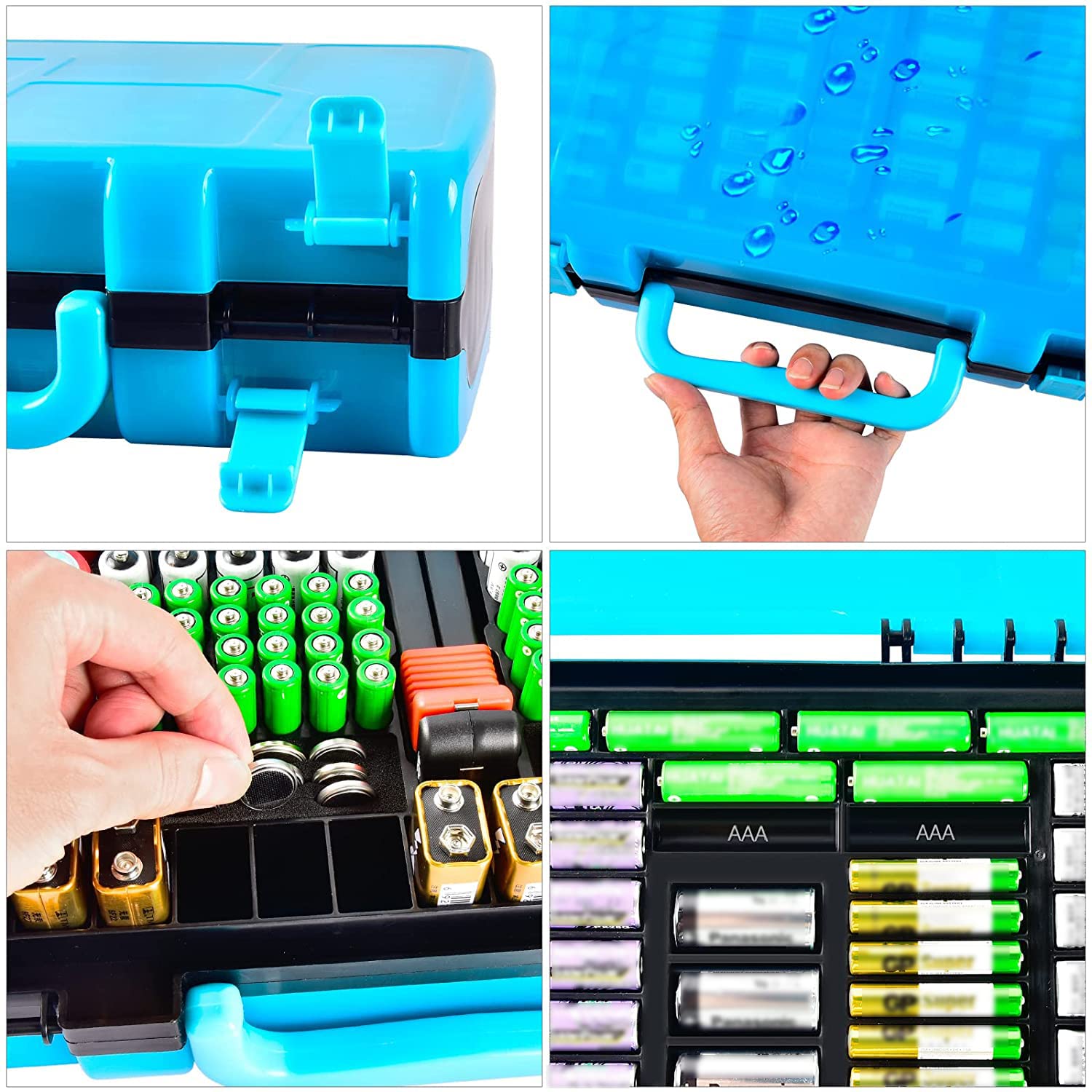 Battery Storage Organizer Case Holder Box with Tester, Double-Sided Batteries Fits for 269 Caddy Container AA AAA AAAA 3A 4A 9V C D Lithium 23A 4LR44 CR123A CR1632 CR2032 - Blue