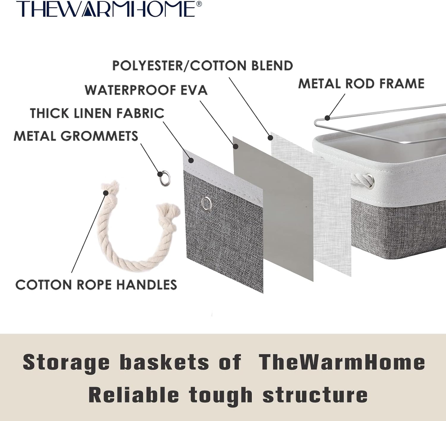 TheWarmHome Small Storage Baskets for Organizing,Storage Baskets for Shelves,Small Fabric Storage Bins W/Handles For Closet Nursery Toy Decorative Foldable (White&Grey, 11.8L*7.9W*5.2H-6 Pack)