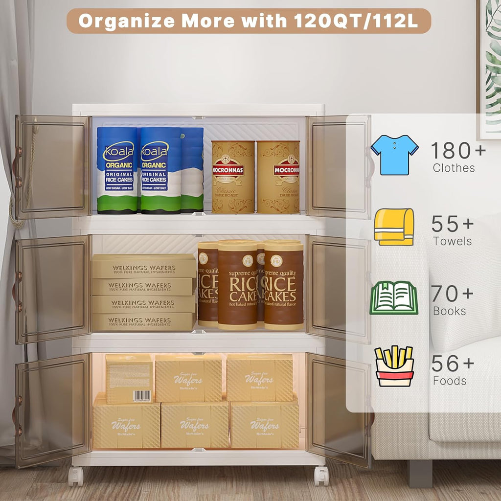 Extra Large Stackable Storage Bins with Lids & Wheels, Foldable Collapsible Closet Organizers Storage Cabinet with Doors for Bedroom Dorm (White, 360QT-120QT/30GAL*3Pack)