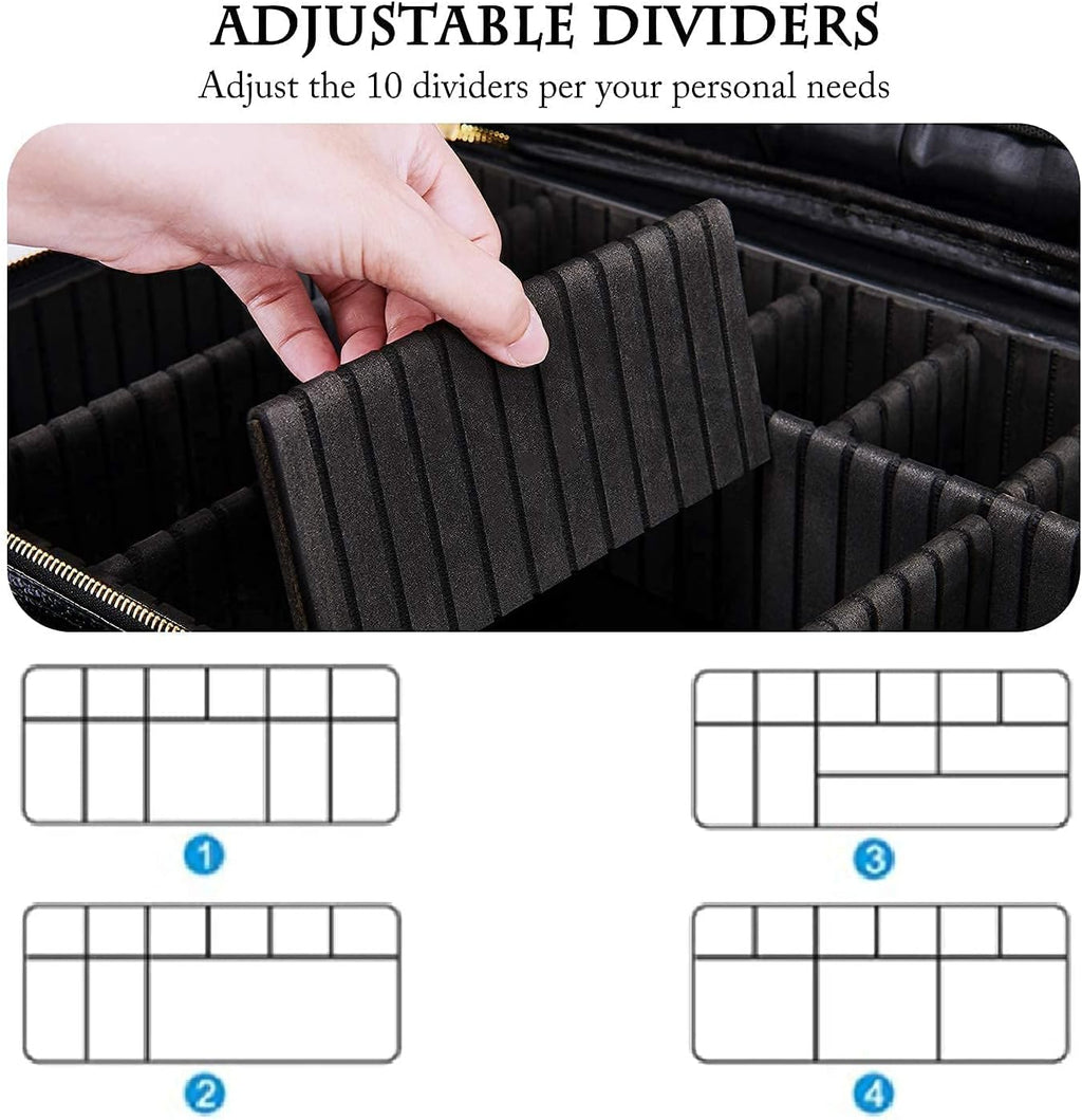 JOURMON Travel Makeup Train Case,Large Capacity Cosmetic Bags for Women,Portable Makeup Bag Organizer with Adjustable Dividers & Shoulder Strap (Crocodile Pattern Black, L)