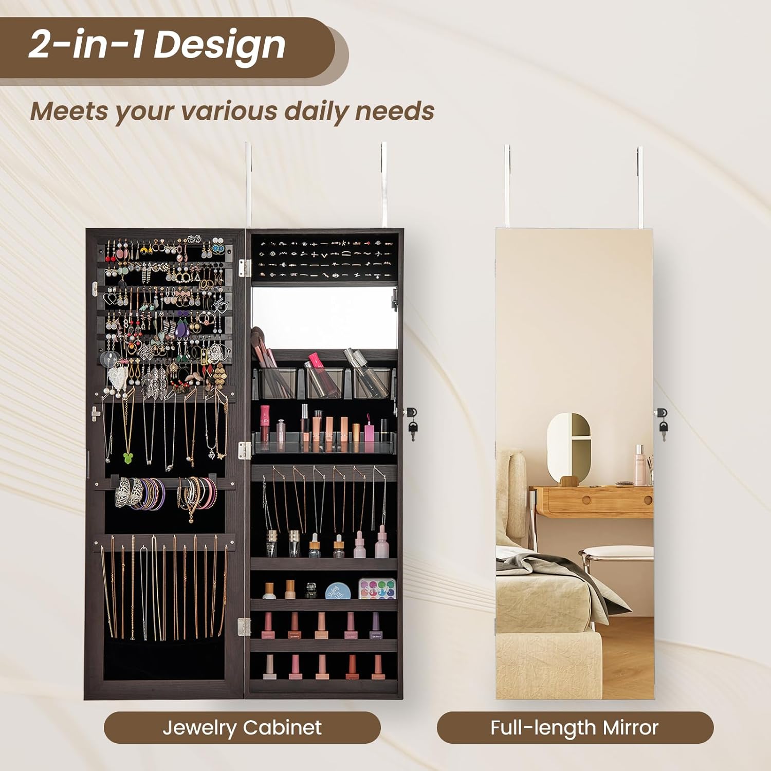 CHARMAID Jewelry Cabinet Wall or Door Mounted, Hanging Lockable Jewelry Armoire Storage With Full Length Mirror, Interior Makeup Mirror, Over the Door Organizer Box (Dark Brown)