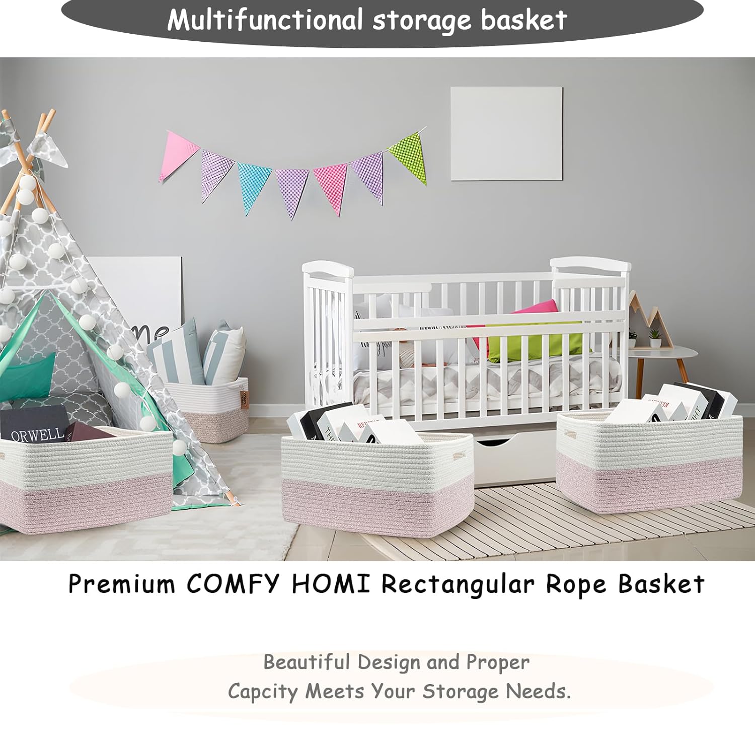 COMFY-HOMI 3 pcs Large Storage Baskets for Shelves, Laundry Basket, Woven Rope Basket, Closet Organizer Bins for Clothes Blanket Towels, Baby Nursery, Gift Toy Baskets, 17” x 13” x 7.5”-White/Pink