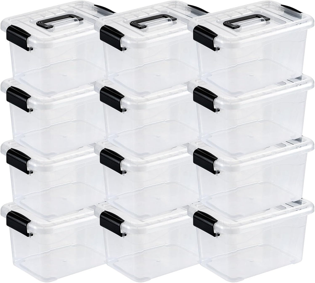 Nazhura Plastic Storage Bin, Stackable and Nestable Storage Boxes with White Lids and Secure Latching Buckles, Large Storage Container (CLEAR, 6QT 12PACK)