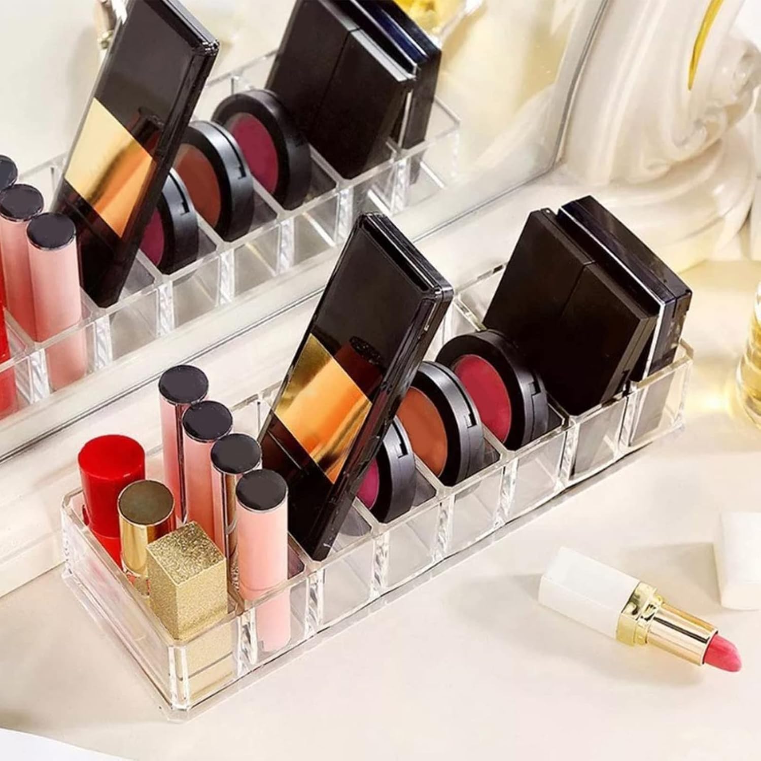 JUOPZKENN Transparent Acrylic Makeup Stand,8 Spaces Eyeshadow Palette Organizer,Cosmetic Storage Holder Display Stand Rack for Bathroom Countertop Vanity